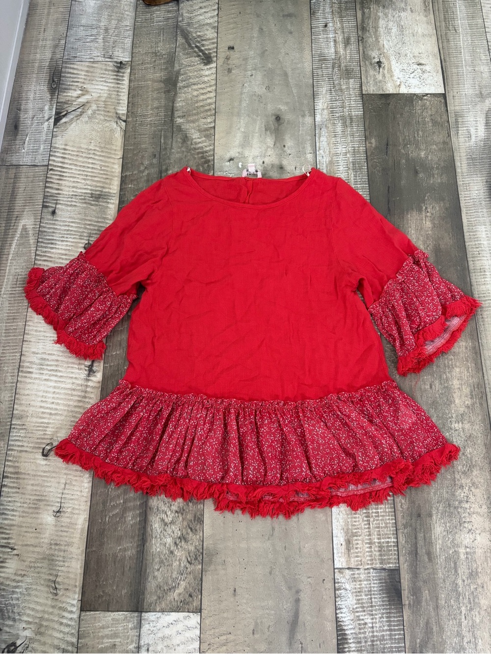 Umgee Red Ruffle Peplum Top with Floral Trim